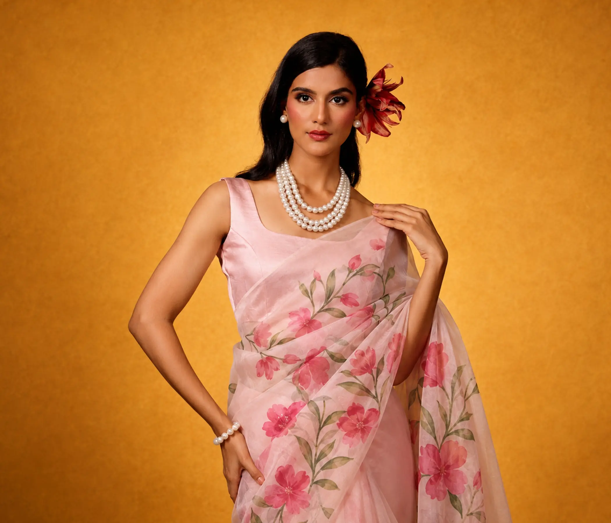 Hand-Painted Blush Pink Organza Saree with Floral Artwork